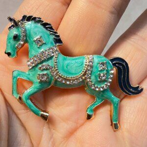Horse Brooch Green Enamel Rhinestone Statement Pin – 2.25” Long